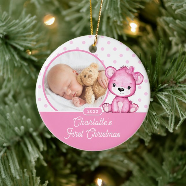 Pink Teddy Bear Baby's First Christmas Photo Ceramic Tree Decoration (Tree)