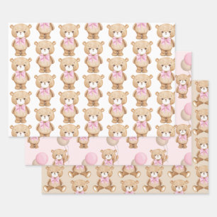 Pink Teddy Bear Balloon Baby Girl 1st Birthday Wrapping Paper Sheet