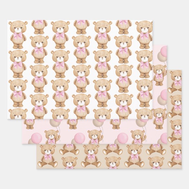 Pink Teddy Bear Balloon Baby Girl 1st Birthday Wrapping Paper Sheet (Set)