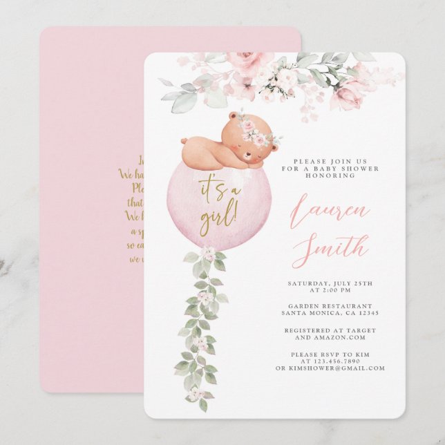 Pink Teddy Bear Balloon Baby Shower Girl Invitation (Front/Back)