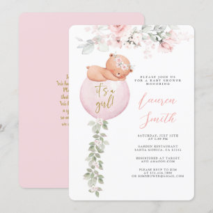 Pink Teddy Bear Balloon Baby Shower Girl Invitation