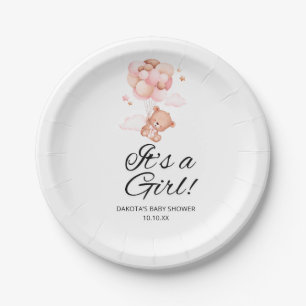Pink Teddy Bear Balloon Baby Shower Paper Plate