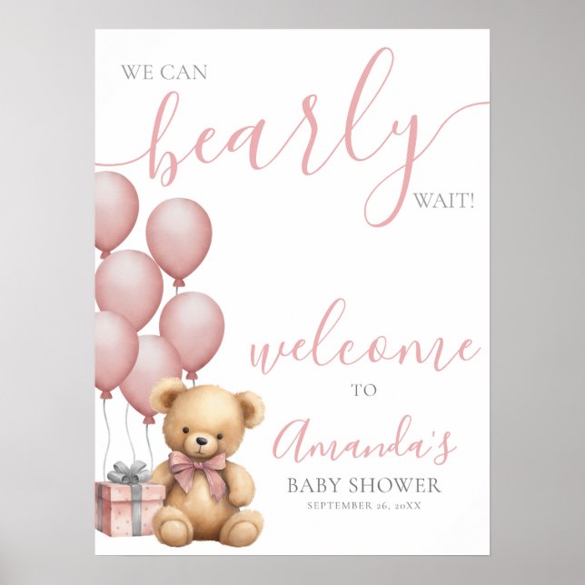 Pink Teddy Bear Balloon Baby Shower Welcome Poster (Front)
