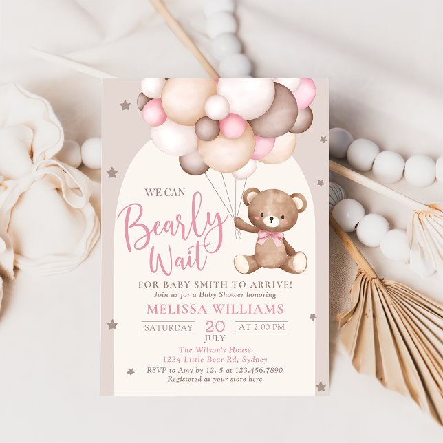 Pink Teddy Bear Balloon Bearly Wait Baby Shower Invitation (Creator Uploaded)