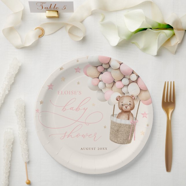Pink Teddy Bear Balloon Bearly Wait Baby Shower Paper Plate (Wedding)