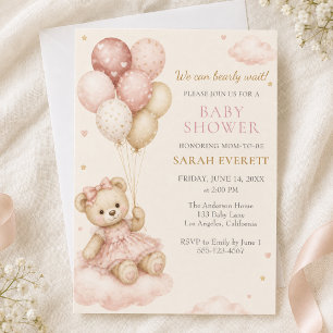 Pink Teddy Bear Balloon Girl Baby Shower Invitation