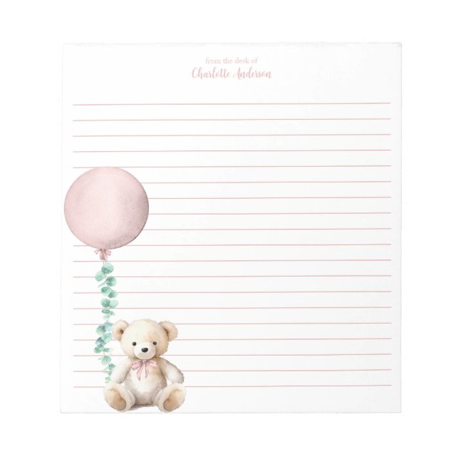 Pink Teddy Bear Balloon Personalised Notepad (Front)