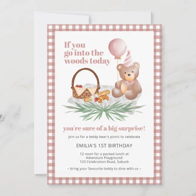 Pink Teddy Bear Balloon Picnic: 1st Birthday Invitation | Zazzle