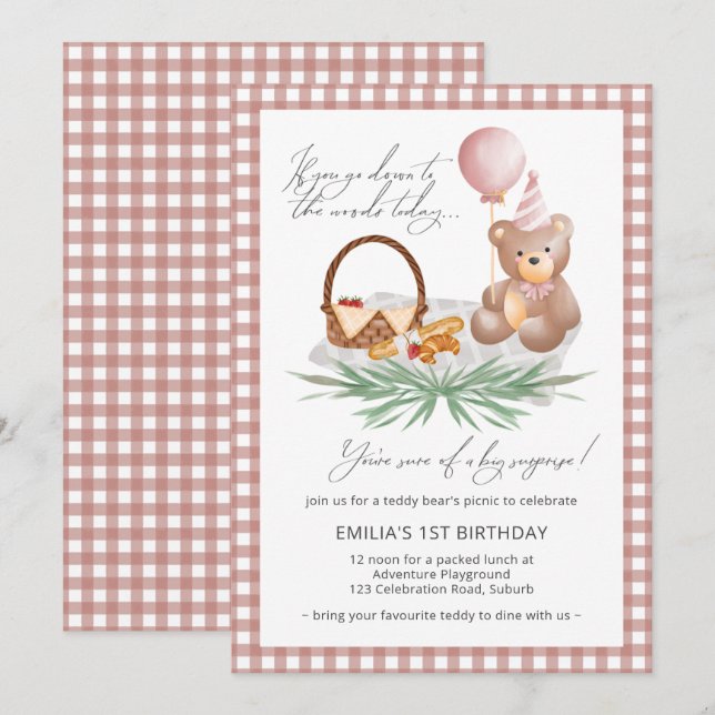Pink Teddy Bear Balloon Picnic 1st Birthday   Invitation (Front/Back)