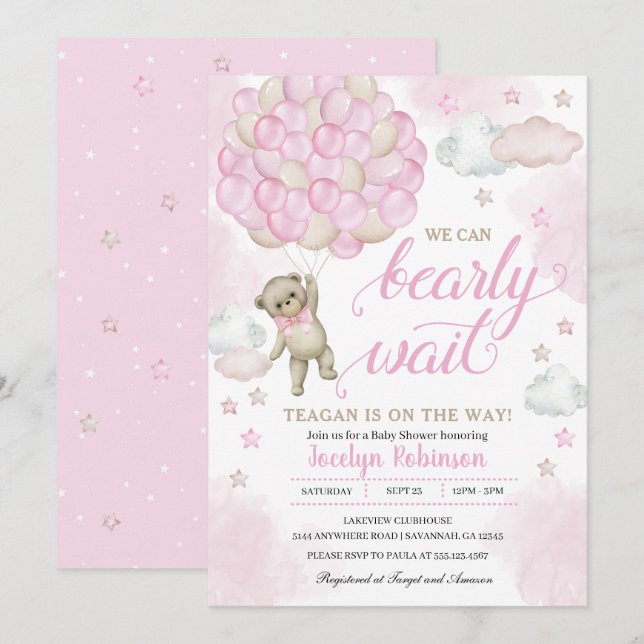 Pink Teddy Bear Balloons Baby Shower Invitation (Front/Back)
