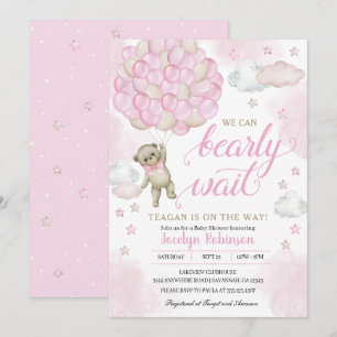 Pink Teddy Bear Balloons Baby Shower Invitation