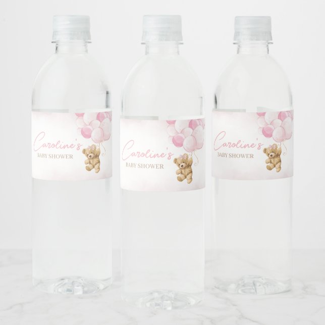 Pink Teddy Bear Balloons Baby Shower  Water Bottle Label (Bottles)