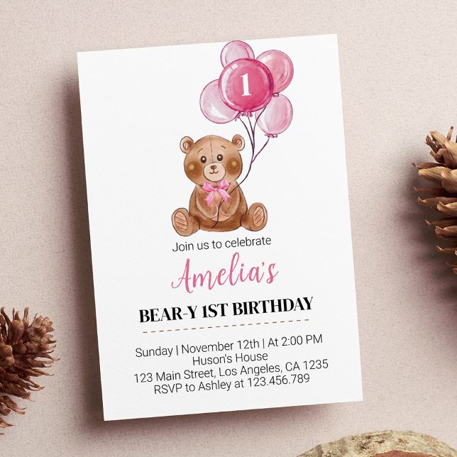 Pink Teddy Bear Balloons First Birthday Invitation (Creator Uploaded)