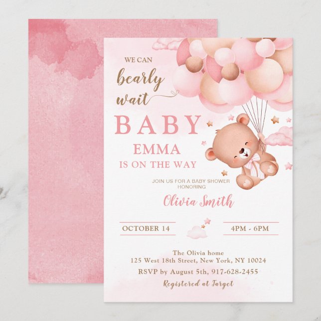 Pink Teddy Bear Balloons Girl Baby Shower Invitation (Front/Back)