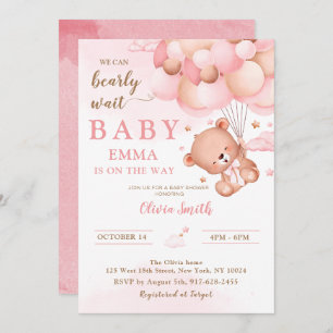 Pink Teddy Bear Balloons Girl Baby Shower Invitation