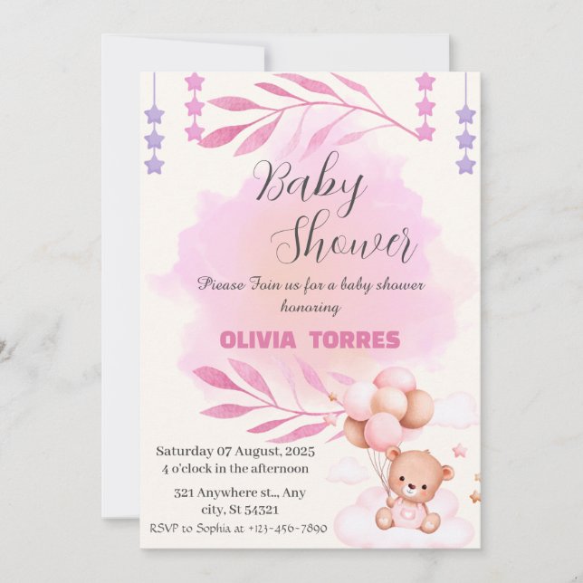 Pink,Teddy Bear, Balloons,Girl Baby shower Invitation (Front)