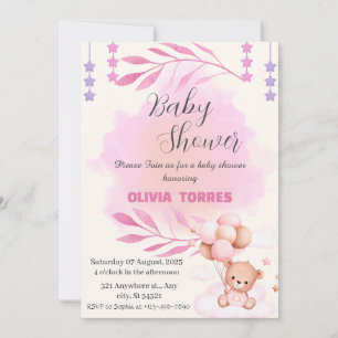 Pink,Teddy Bear, Balloons,Girl Baby shower Invitation