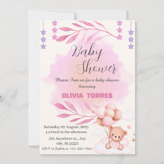 Pink,Teddy Bear, Balloons,Girl Baby shower Invitation