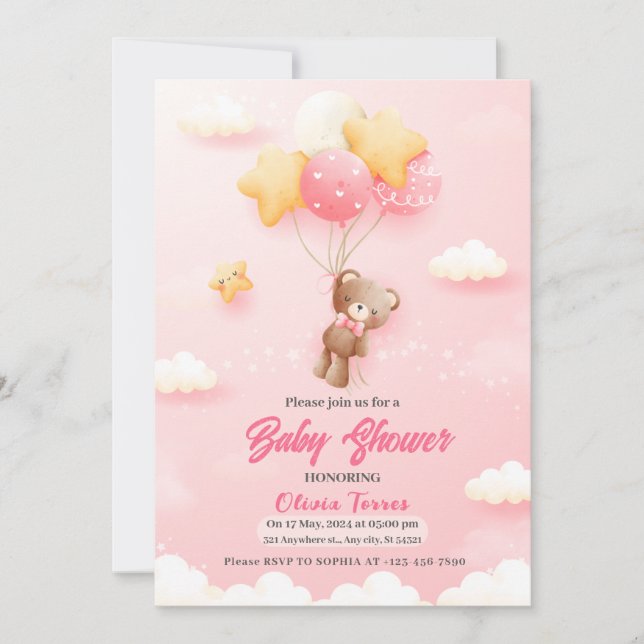 Pink Teddy Bear Balloons Girl Baby Shower  Invitation (Front)
