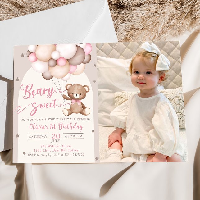 Pink Teddy Bear Balloons Girl Birthday Photo Invitation (Creator Uploaded)
