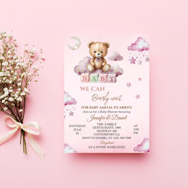 Pink Teddy Bear Bearly Wait Baby Shower Invitation (Creator Uploaded)