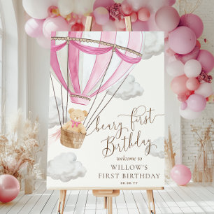 Pink Teddy Bear Beary First Birthday Welcome Sign
