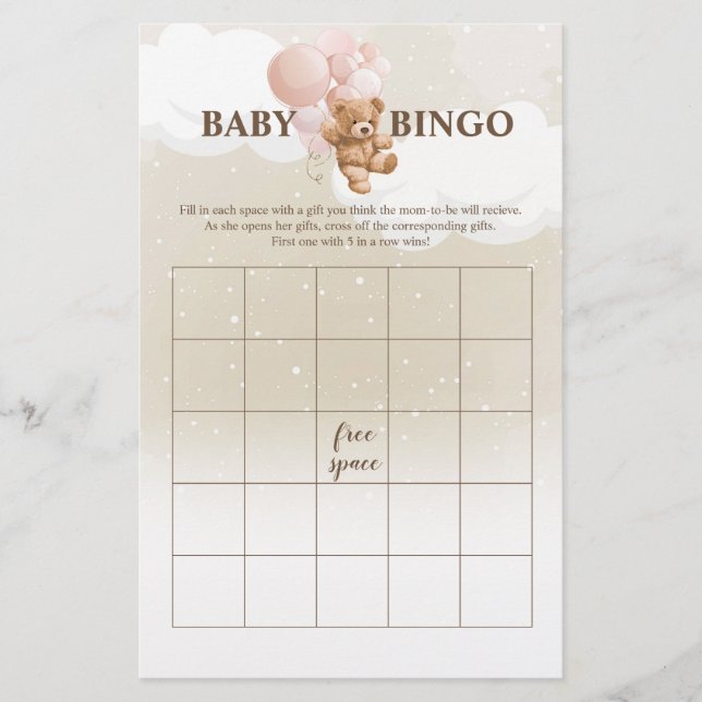 Pink Teddy Bear BINGO Baby Shower Games Flyer (Front)