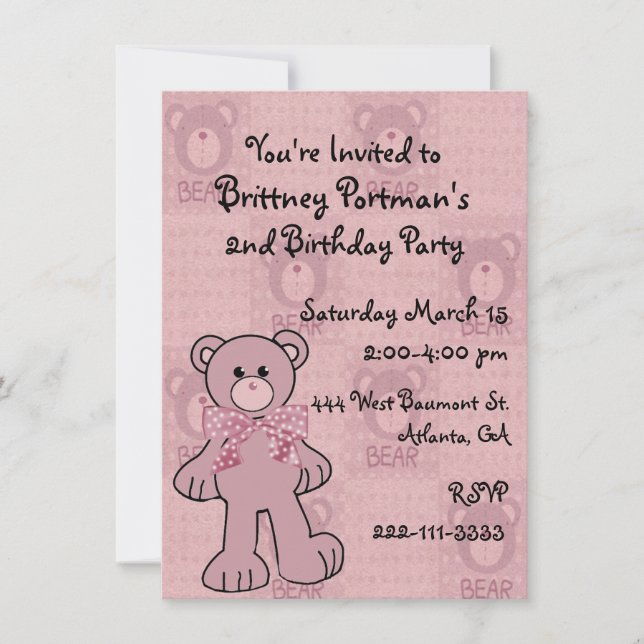 Pink Teddy Bear Birthday Invitation (Front)