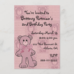 Pink Teddy Bear Birthday Invitation