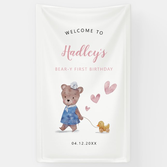 Pink Teddy Bear Birthday Party Welcome Sign (Vertical)
