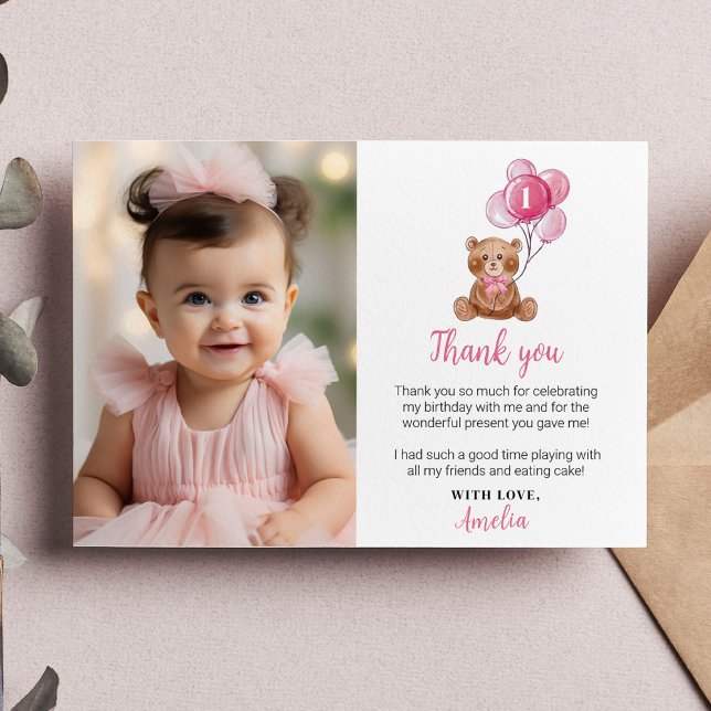 Pink Teddy Bear Birthday Photo Thank You Card (Creator Uploaded)