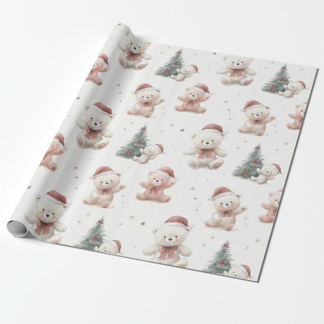 Pink Teddy Bear Christmas  Wrapping Paper (Unrolled)