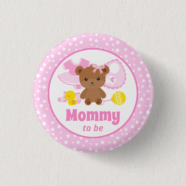 Pink Teddy Bear Clothes Baby Shower Mummy to Be 3 Cm Round Badge (Front)