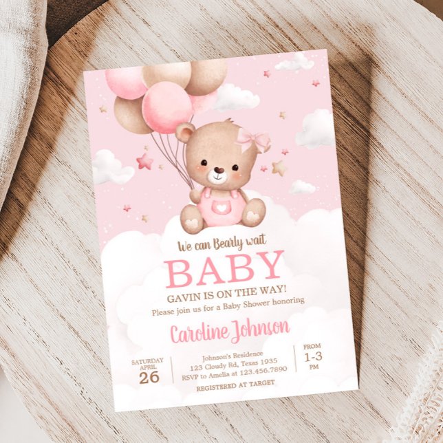 Pink Teddy Bear Clouds Balloon Baby Shower Invitation (Pink Girl Teddy Bear Clouds Balloon Baby Shower Invitation)