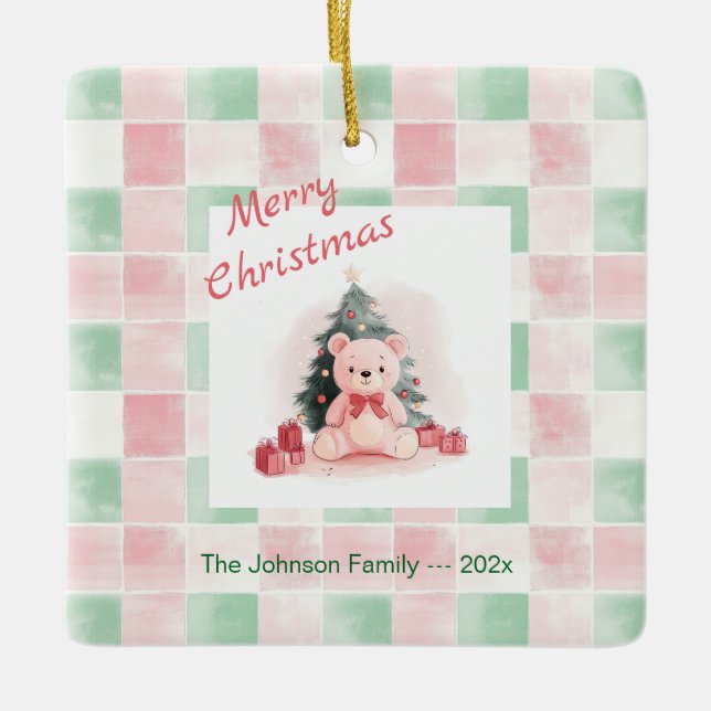 Pink Teddy Bear Cute Christmas Ceramic Ornament (Front)