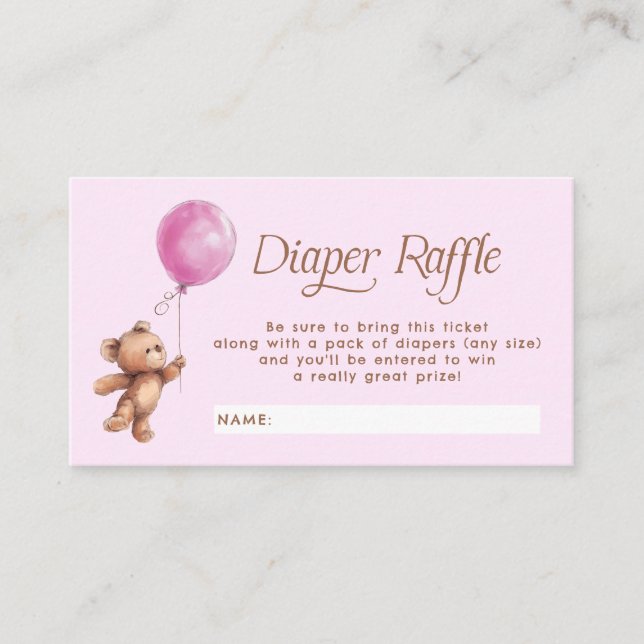 Pink Teddy Bear Diaper Raffle Ticket Enclosure Card (Front)