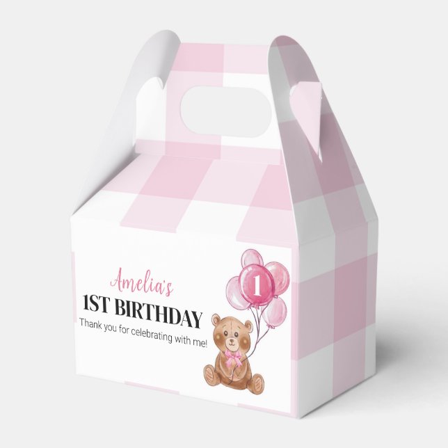 Pink Teddy Bear First Birthday Party Favour Box (Front Side)
