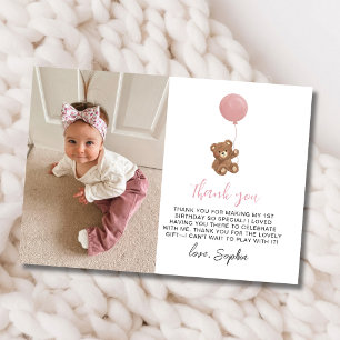 Pink Teddy Bear First Birthday Photo Thank You  Card