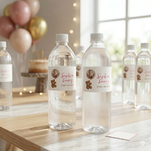 Pink Teddy Bear First Birthday Photo Water Bottle Label