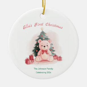 Pink Teddy Bear First Christmas Ceramic Tree Decoration