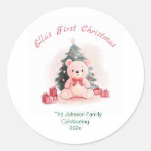 Pink Teddy Bear First Christmas Classic Round Sticker