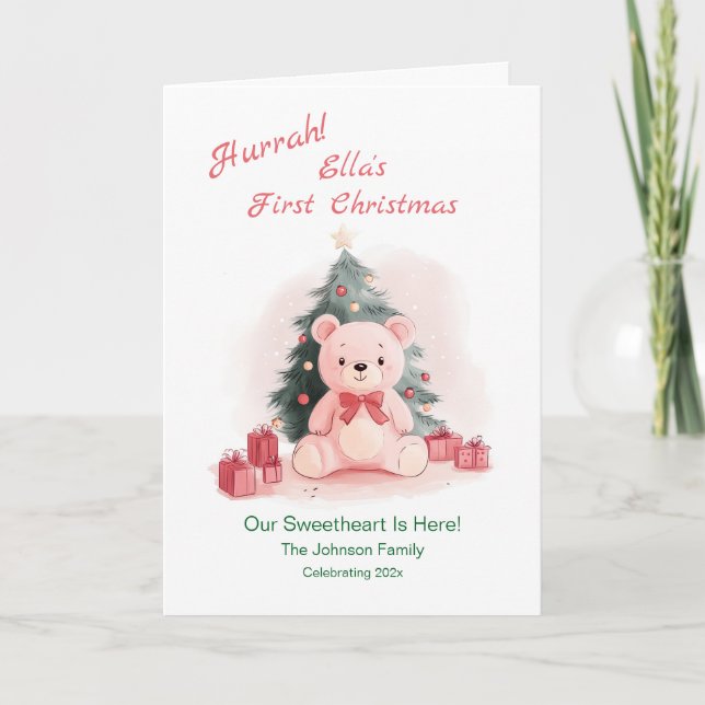 Pink Teddy Bear First Christmas Holiday Card (Front)