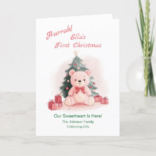 Pink Teddy Bear First Christmas Holiday Card