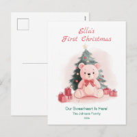 Pink Teddy Bear First Christmas Postcard