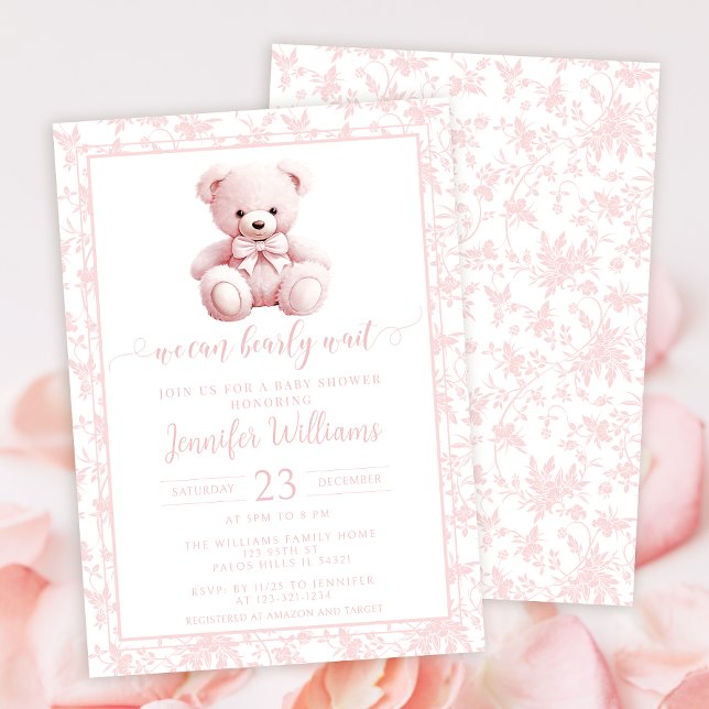 Pink teddy bear floral pattern baby girl shower invitation (Creator Uploaded)