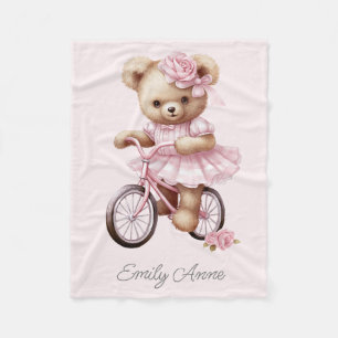Pink Teddy Bear Flowers Bicycle Child's Name Fleece Blanket