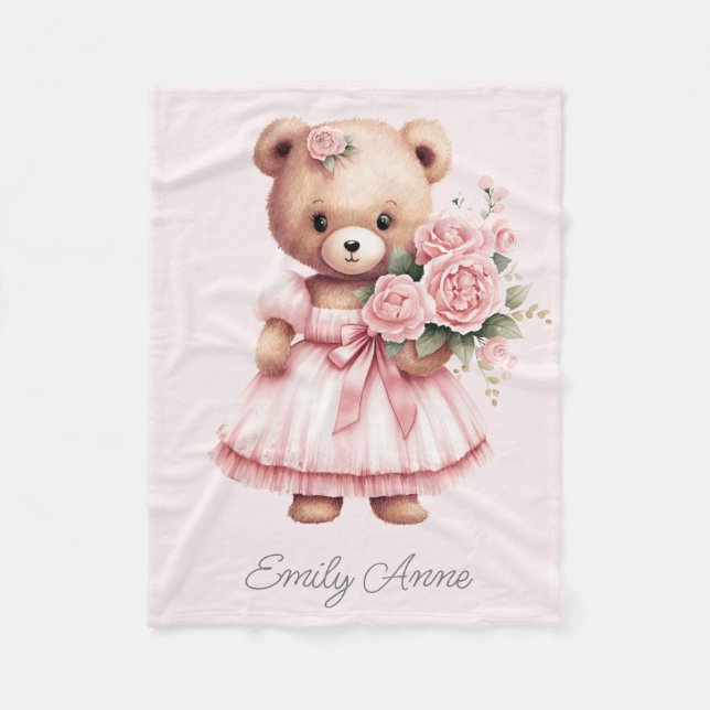 Pink Teddy Bear Flowers Child's Name Fleece Blanket (Front)