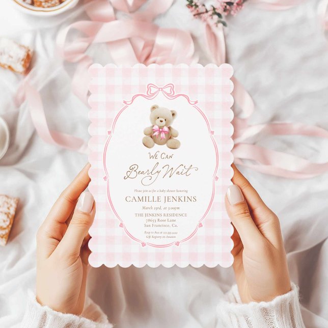 Pink Teddy Bear Gingham Baby Shower Invitation (Pink Teddy Bear Girl Baby Shower Invitation)