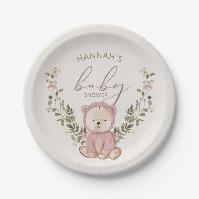 Pink Teddy Bear Girl Baby Shower Paper Plate (Front)