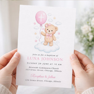 Pink Teddy Bear Girl Baptism Invitation